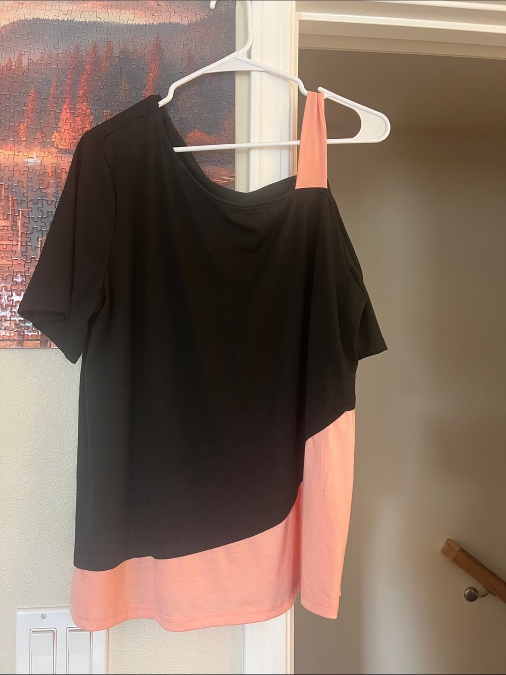 Black and Peach One-Shoulder Colorblock Top